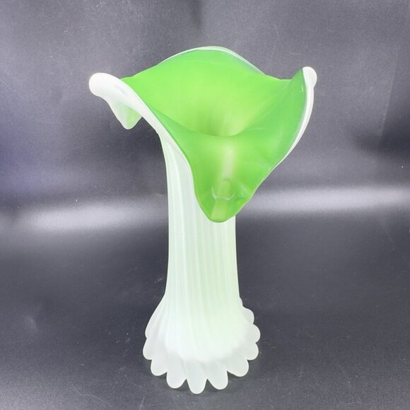 1970s Frosted Green Leaf Shaped Top Glass Vase Vessel Jack In The Pulpit Vintage - Picture 15 of 16